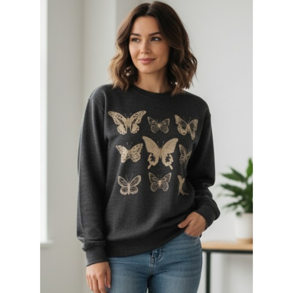Mighty Fine Butterfly Gtaphic Sweatshirt Dark Gray Sizs S
